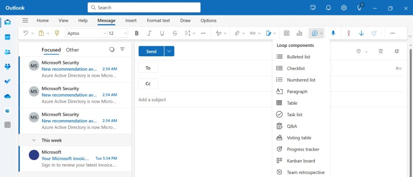 A screenshot displaying how to add Loop Components in an Outlook Email