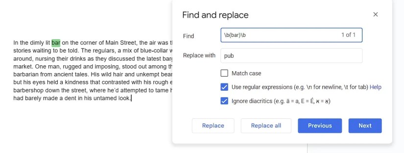 Finding an exact sequence with RegEx find and replace in Google Docs