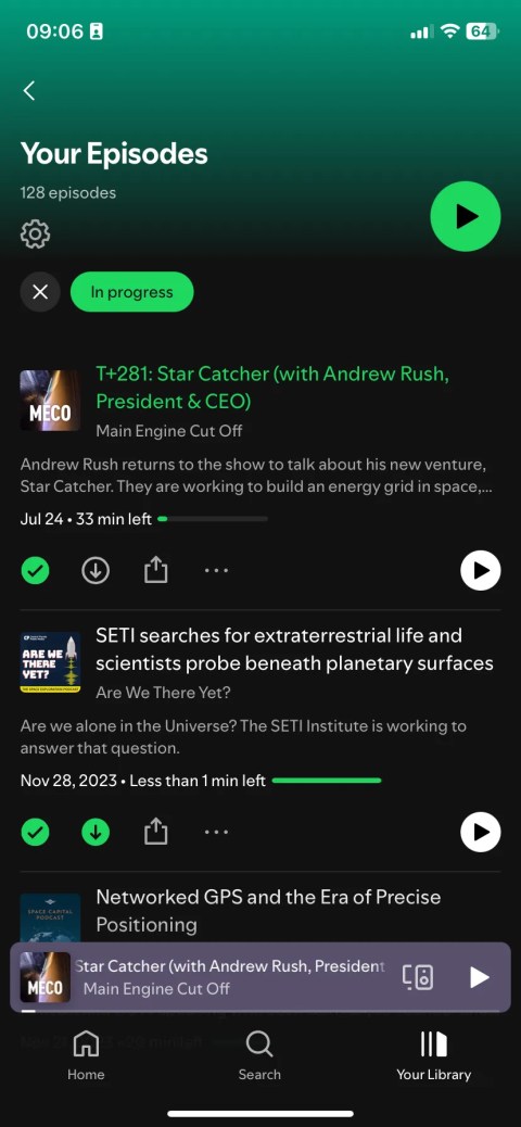 The Spotify app on an iPhone, where a user is has applied an &ldquo;in-progress&rdquo; filter to easily find specific saved episodes.