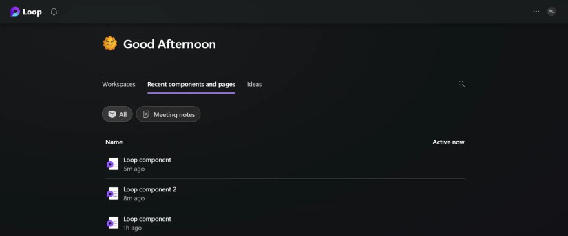 The Recent components and pages bar displayed on Microsoft Loop-1