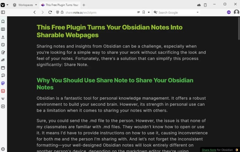 Web page displaying a shared Obsidian note
