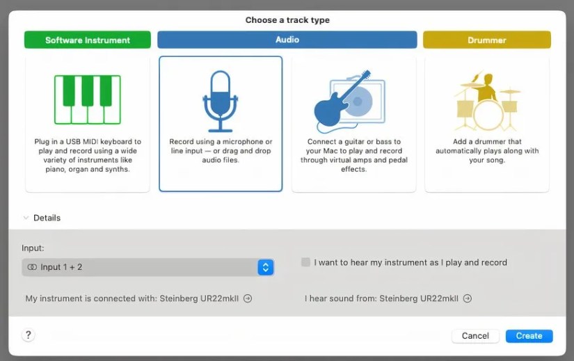 GarageBand - select an audio input source.
