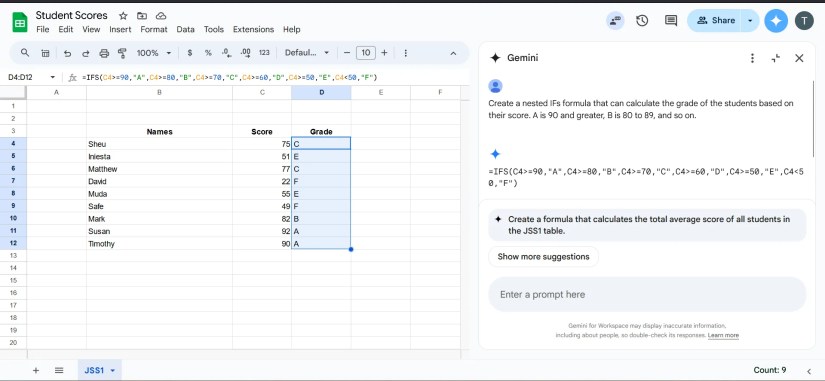 Gemini Nested IFs formula