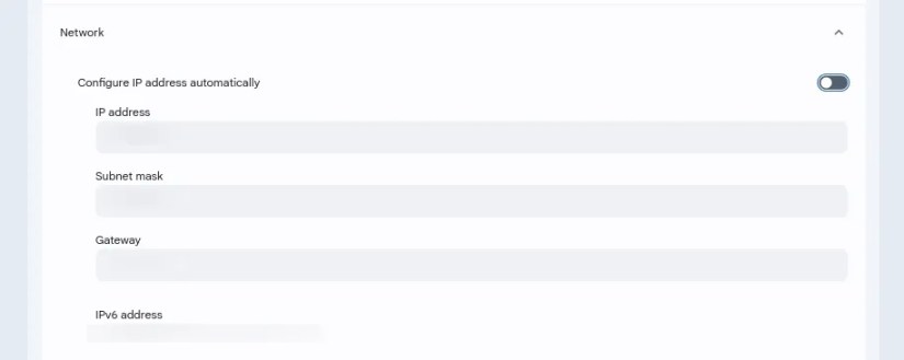 Manually adding the IP address, subnet mask, and gateway details in Chromebook settings.-1
