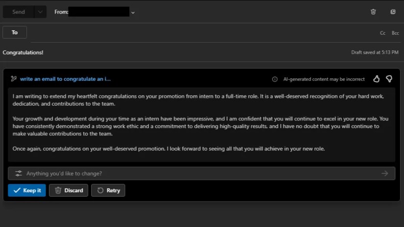 Sample email draft using Copilot in Outlook
