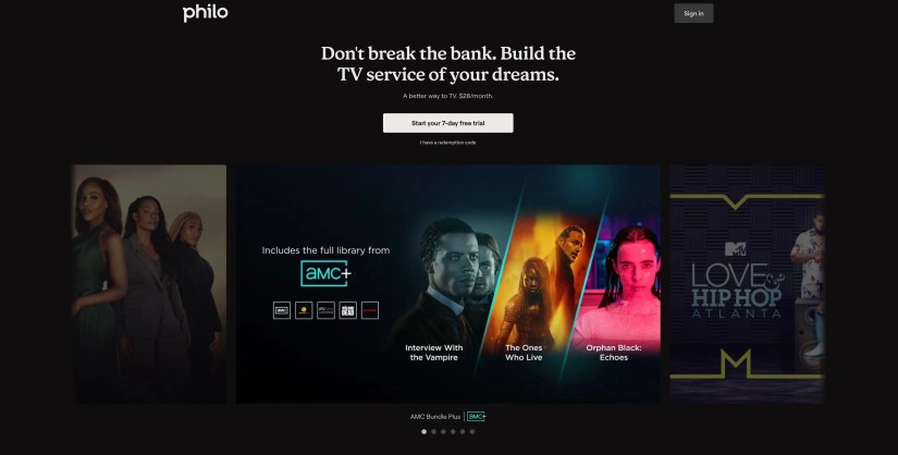 Philo Free Trial Page with 7-day trial button
