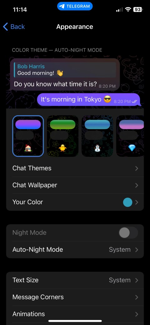 The &ldquo;Appearance&rdquo; settings page in the Telegram app for iPhone.