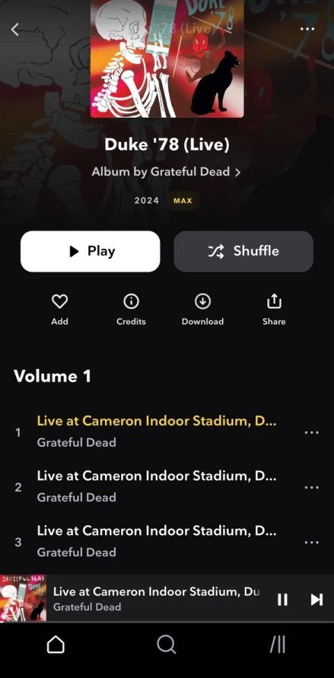 Tidal listing for Duke ‘78 with now playing bar only showing Live at Cameron Indoor Stadium