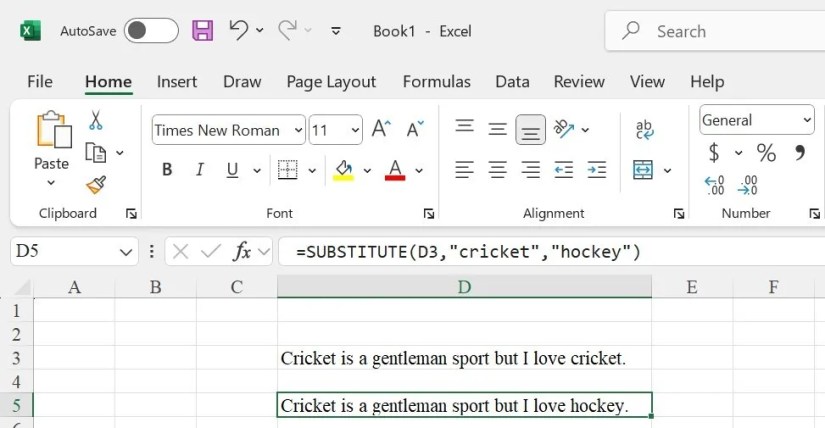 Replacing a specific text in a cell using the SUBSTITUTE function.