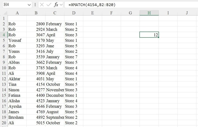 Finding the position of a particular number in a Microsoft Excel spreadsheet.