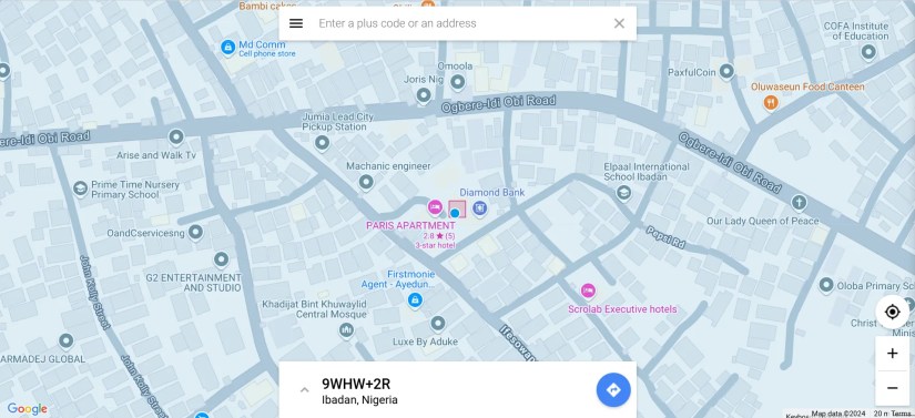 A map and a Plus Code displayed on a PC web browser