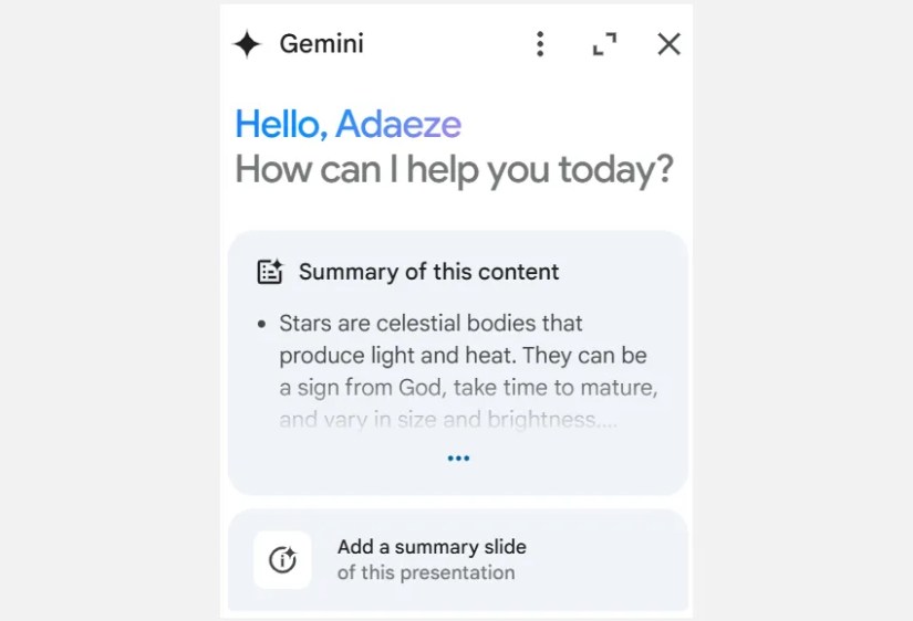 A screenshot showing a summary and the add a summary slide prompt in the Gemini bar in Google Slides