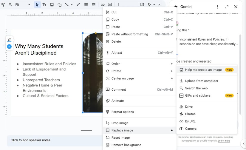A screenshot showing the option to replace image through Gemini&rsquo;s Help me create an image in Google Slides