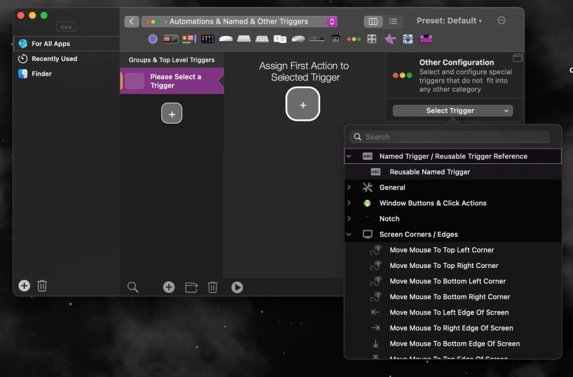 BetterTouchTool displaying trigger settings and actions