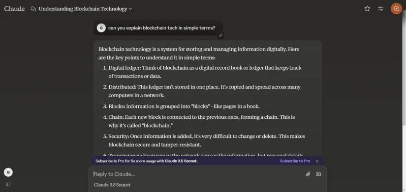 claude ai explaining blockchain technology in simple terms