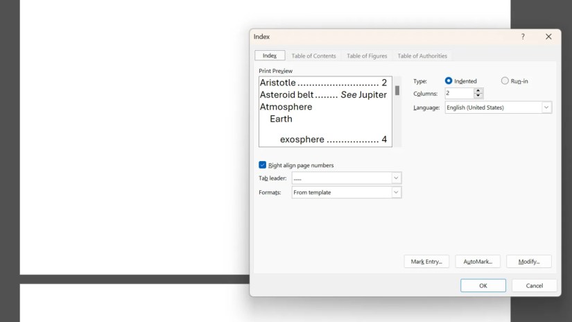 A Microsoft Word document with the Index dialog box open.