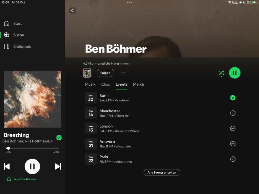 A list of artist concerts in a specific location