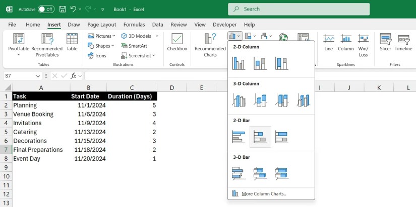 Inserting a bar chart in Excel.