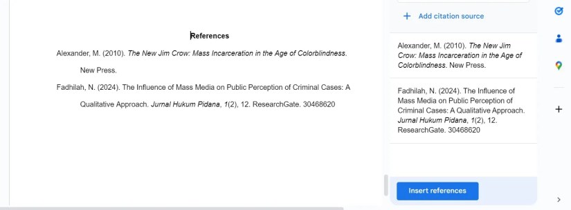 references page on Google docs