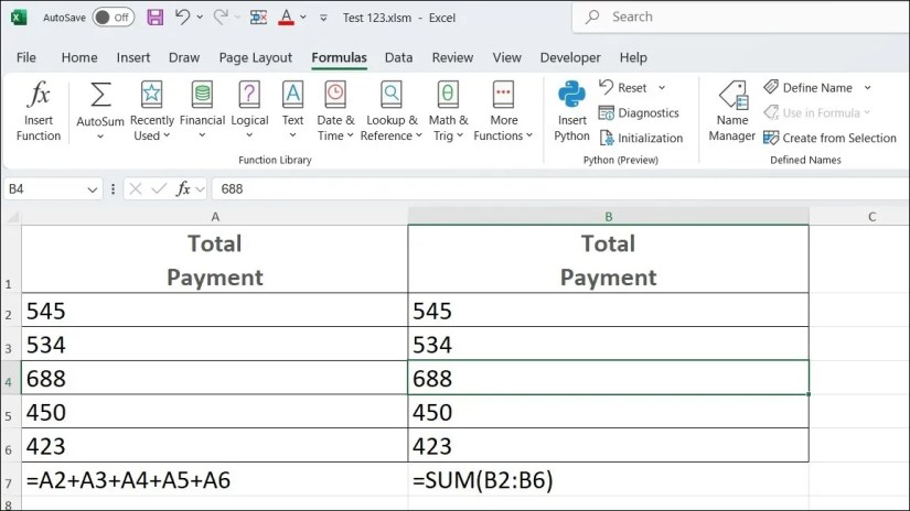 SUM Function in Excel Spreadsheet