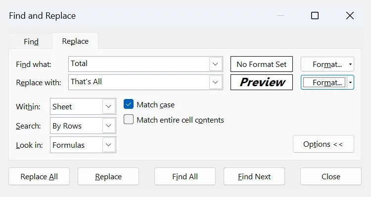 The extended search options displayed under the Replace section in Excel&rsquo;s Find and Replace tool