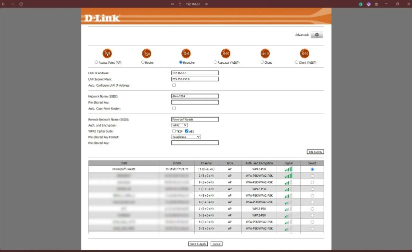 D-Link router repeater configuration page