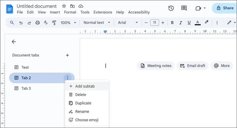 Add subtab option in Google Docs