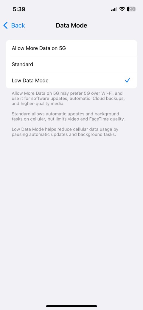 Low Data Mode Option Selected in iPhone Data Mode Settings Page