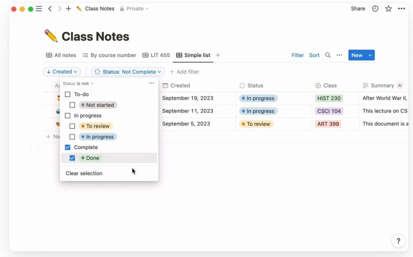Notion database with university course lectures