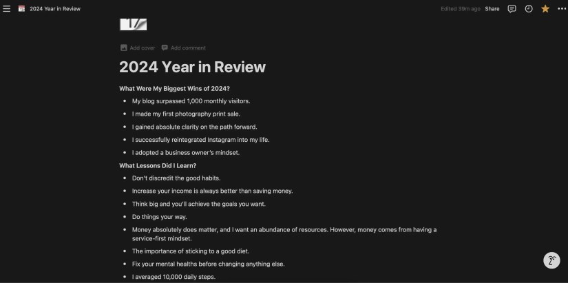 Writing a yearly review in Notion