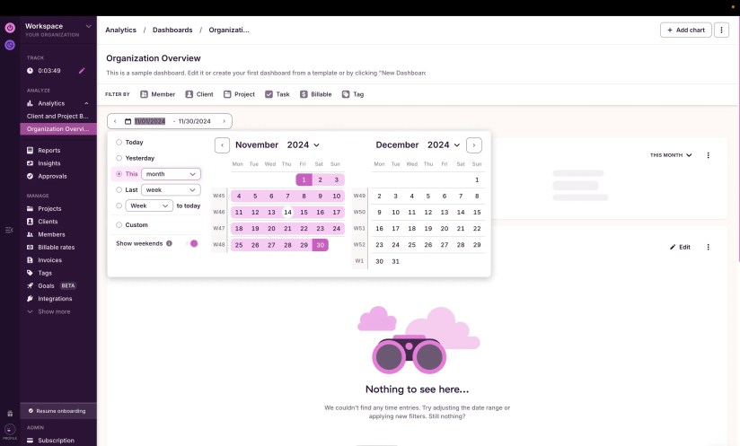 A screenshot of the time managment app, Toggl Track