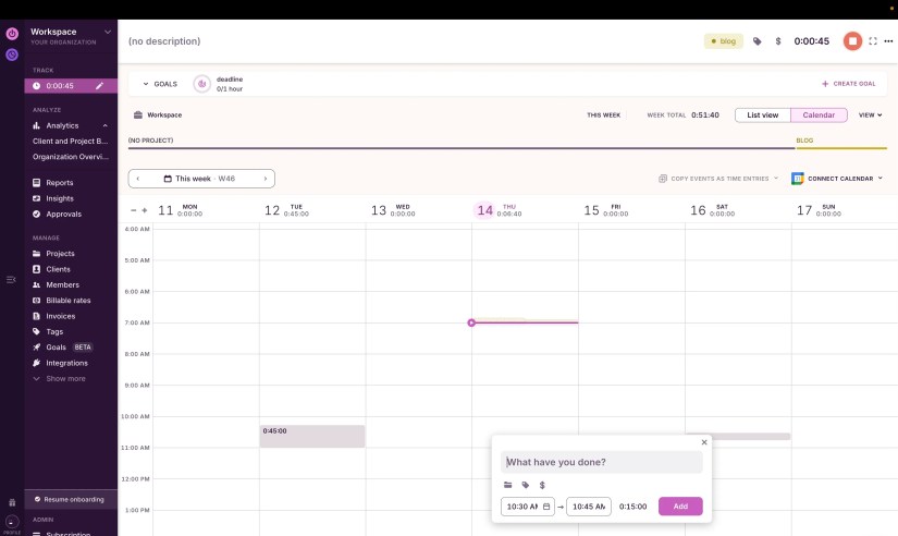 A screenshot of the productivity app, Toggl Track