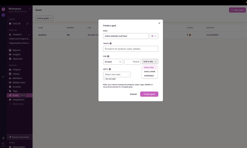 A screenshot of th eproductivity app, Toggl Track