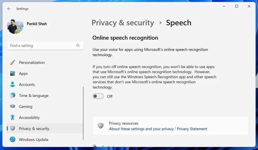 Windows 11 Settings app showing the online speech recognition option