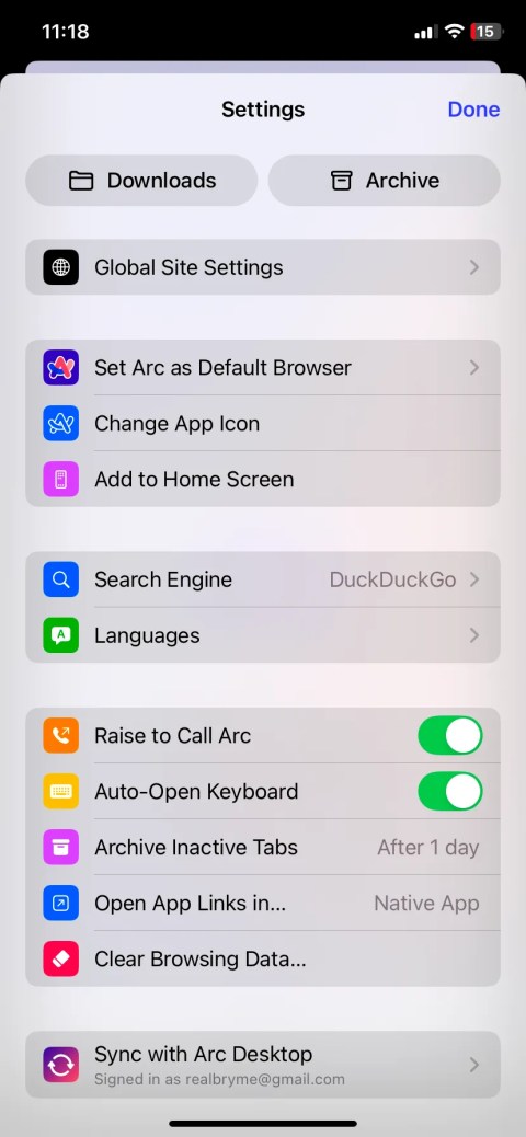Arc browser settings