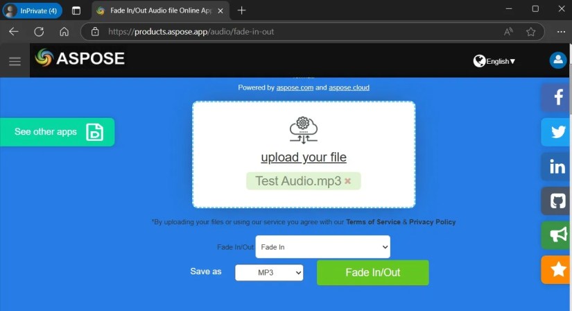 Aspose audio fade in and out tool in a browser window