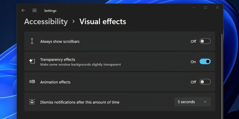 The Visual Effect Settings page in Windows 11 with the Animation effects option