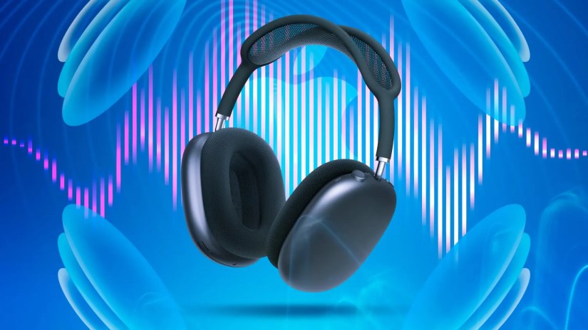 An AirPods Max With Some Sound waves around.