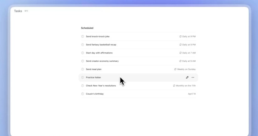 The new Tasks pane from ChatGPT.