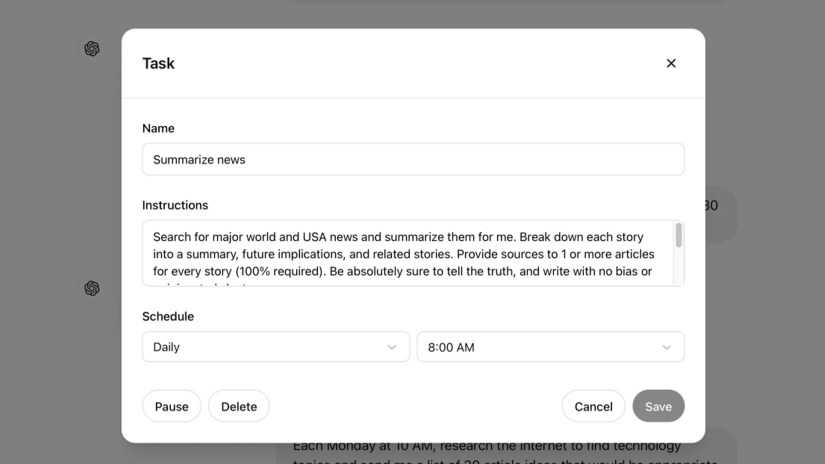 ChatGPT Scheduled Tasks, Example Showing Specific Instructions
