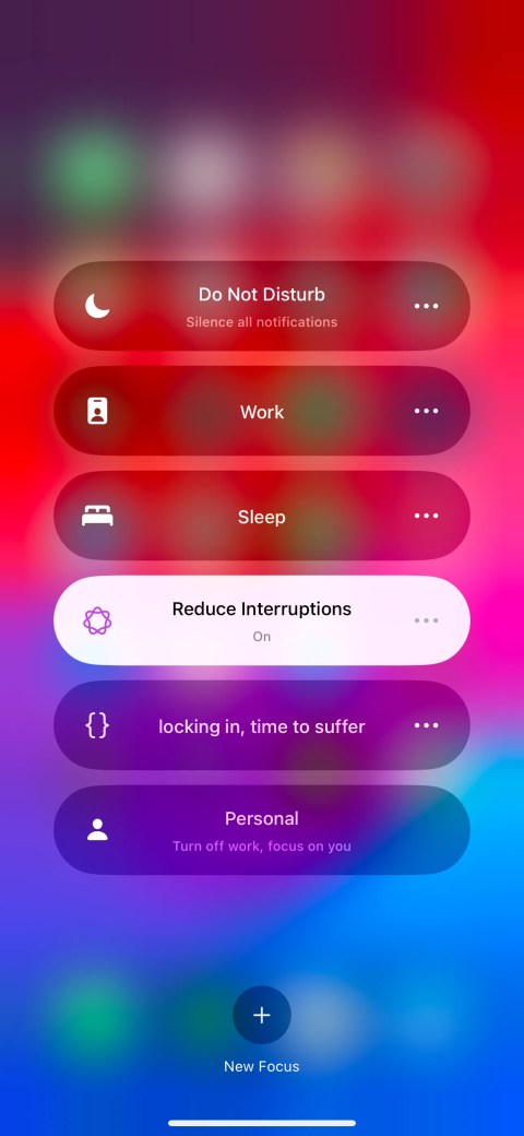 Different Focus modes on an iPhone including Reduce Interruptions