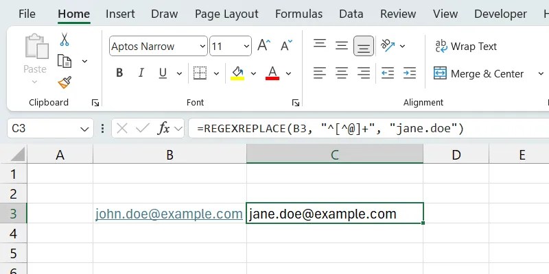 The REGEXREPLACE function in Excel.