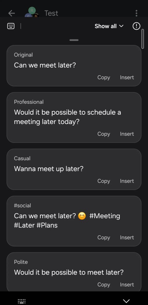 Samsung keyboard showing different versions of same message