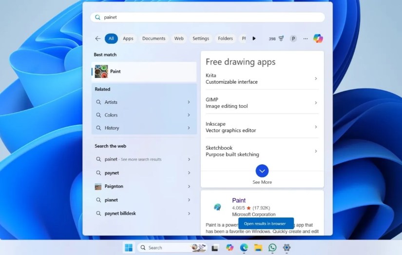 Windows 11 start menu showing results of a search