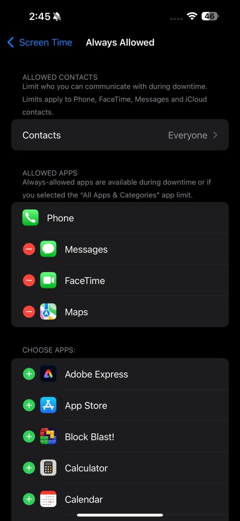 Always Allowed contacts and apps page on an iPhone