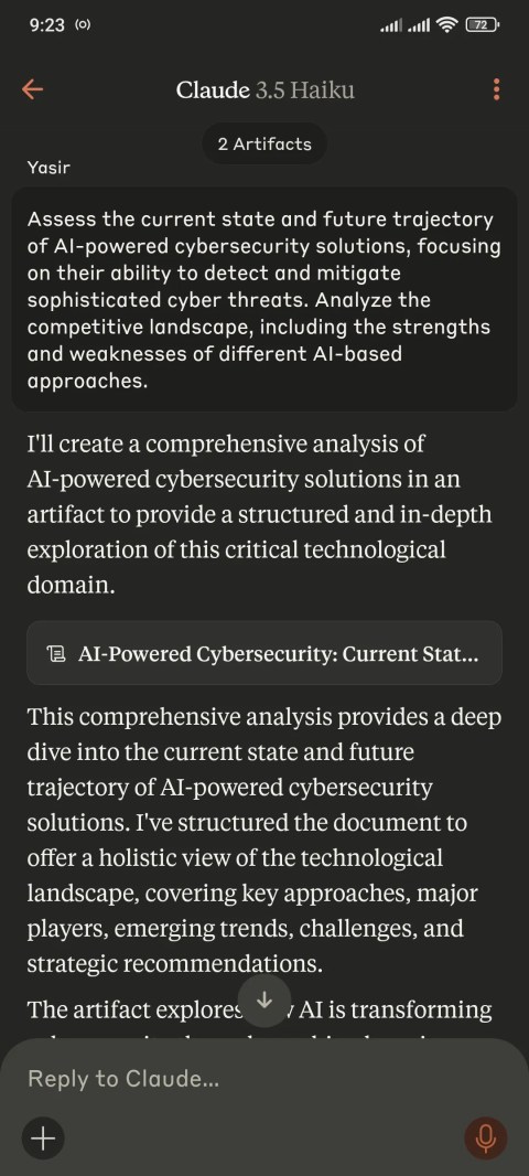 Claude app addressing a prompt on AI powered cybersecurity solutions