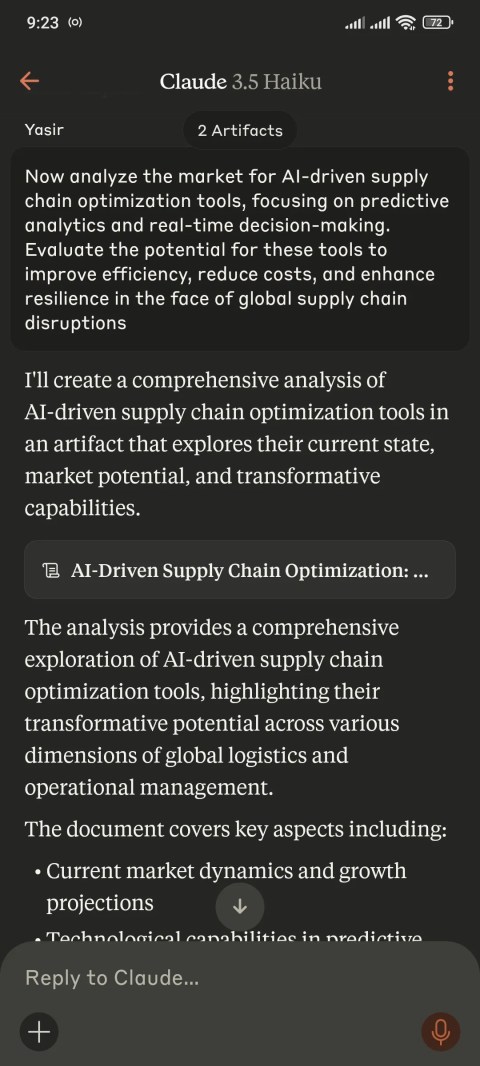 Claude app addressing a prompt on AI powered sypply chain optimization tools