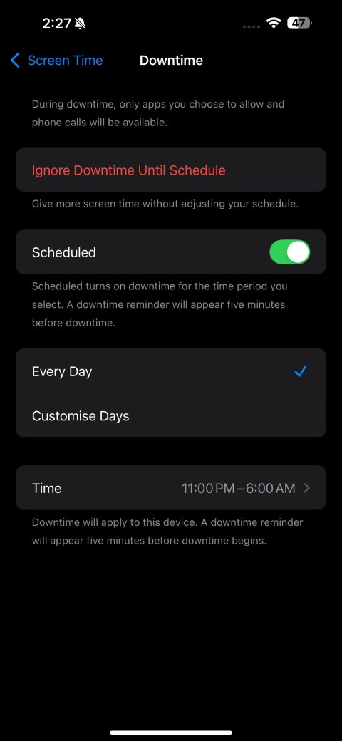 Downtime page within the Settings app on an iPhone