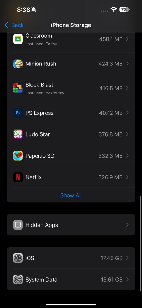 iPhone Storage section in the Settings app on an iPhone