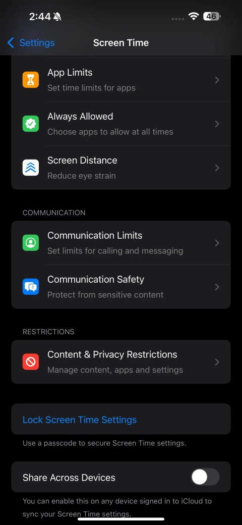 Screen Time settings page on an iPhone